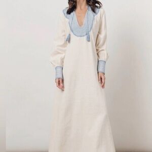 Mi Golondrina Cream Dress with Blue Embroidery